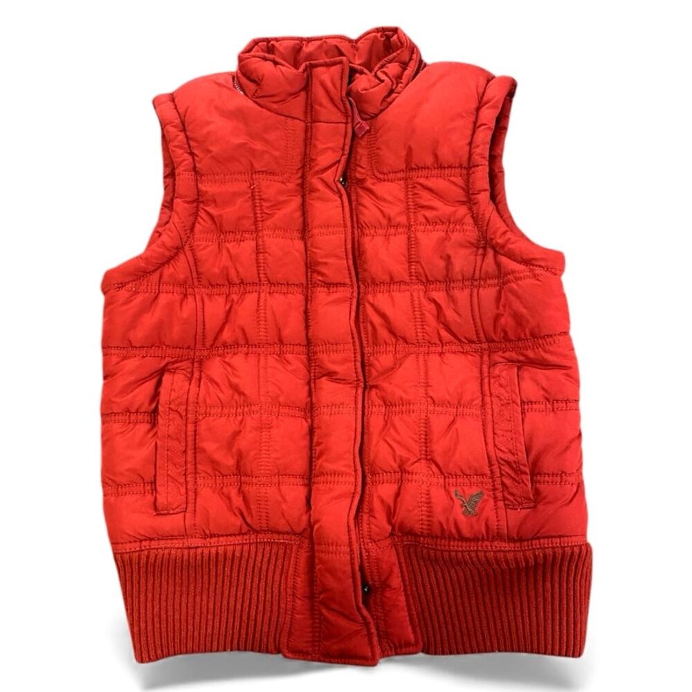 American Eagle Quilted Puffer Vest Womens Medium Red Full Zip Ribbed Knit Hem